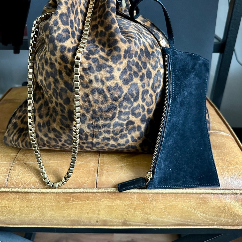 Saint Laurent Suede Leopard Print Medium Suzanne Hobo Natural